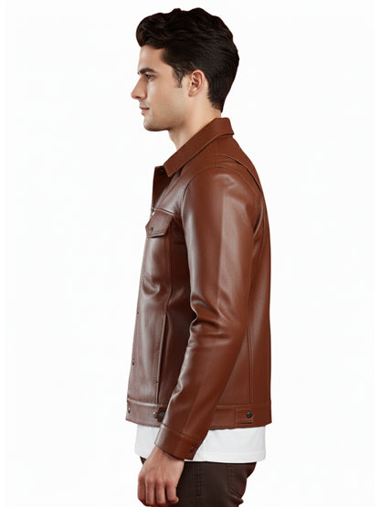 Leather Retail Brown Faux Leather Jacket for Men's with Snap Button Closure( LRAIM50BR )