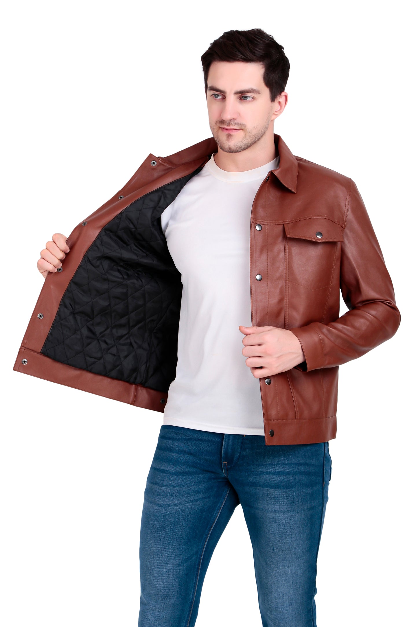 Leather Retail Brown Faux Leather Jacket for Men's with Snap Button Closure