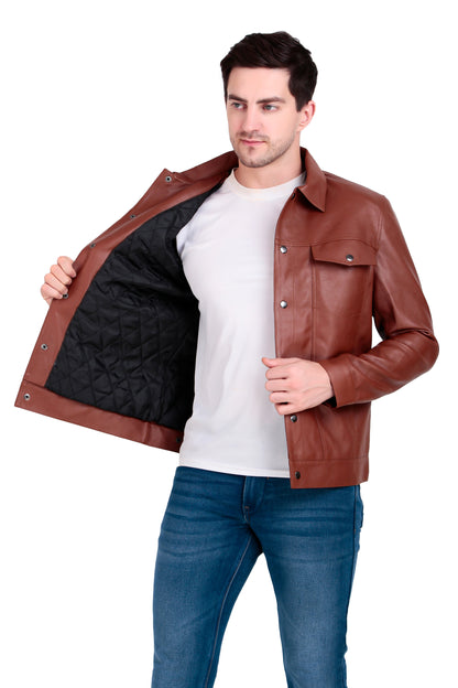 Leather Retail Brown Faux Leather Jacket for Men's with Snap Button Closure