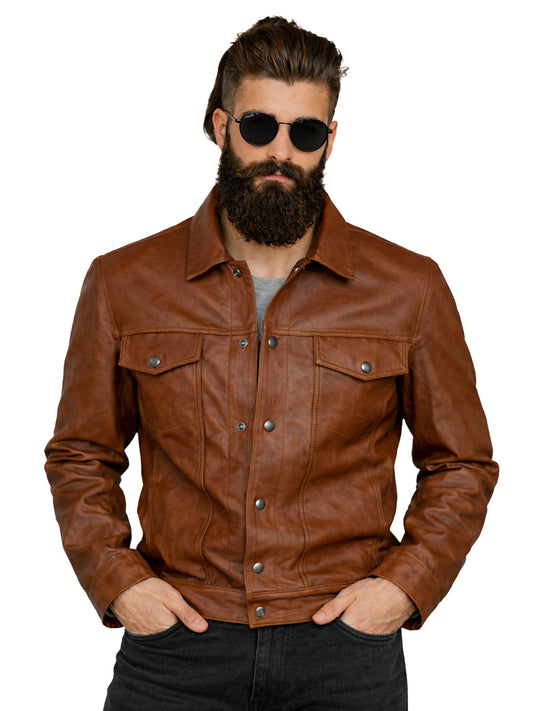 Leather Retail Brown Faux Leather Jacket for Men's with Snap Button Closure( LRAIM50BR )