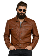 Leather Retail Brown Faux Leather Jacket for Men's with Snap Button Closure ( LRAIM50BR )