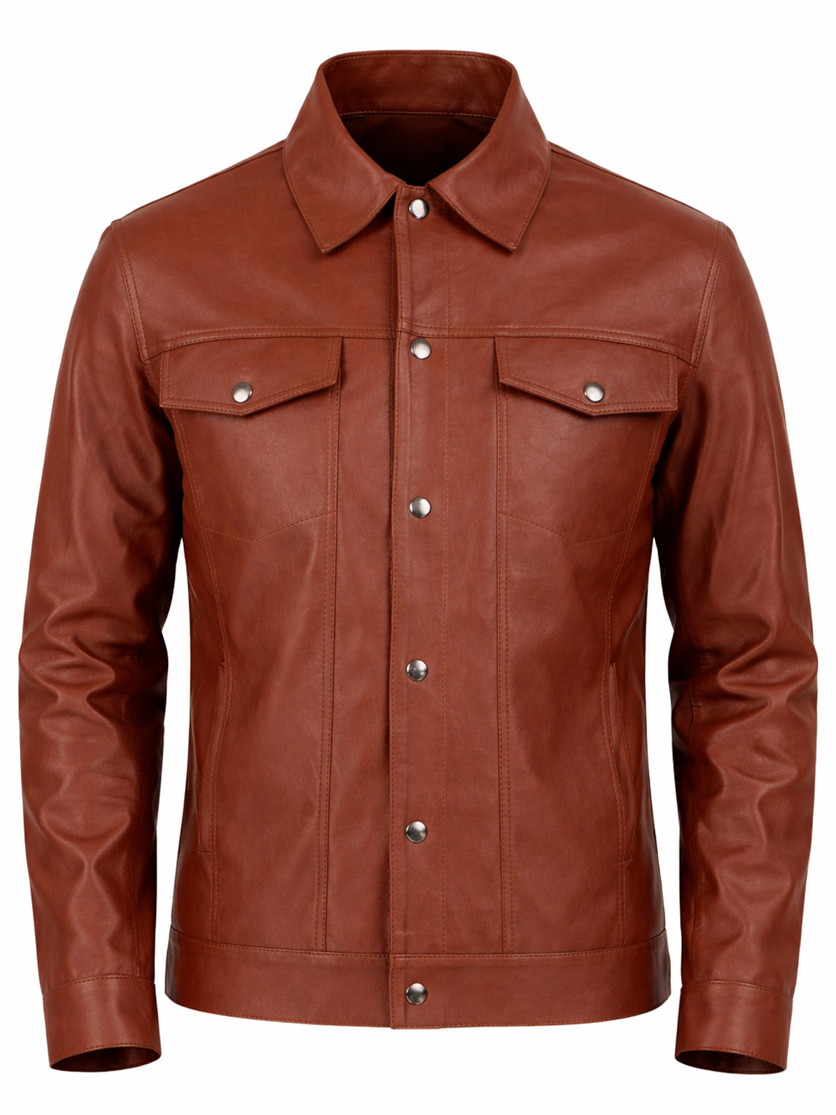 Leather Retail Brown Faux Leather Jacket for Men's with Snap Button Closure