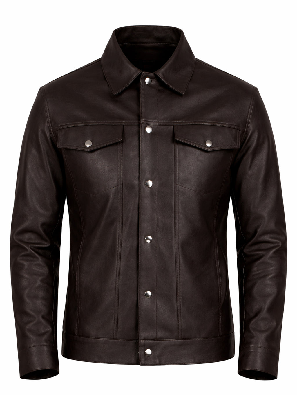 Leather Retail Coffee Faux Leather Jacket for Men's with Snap Button Closure