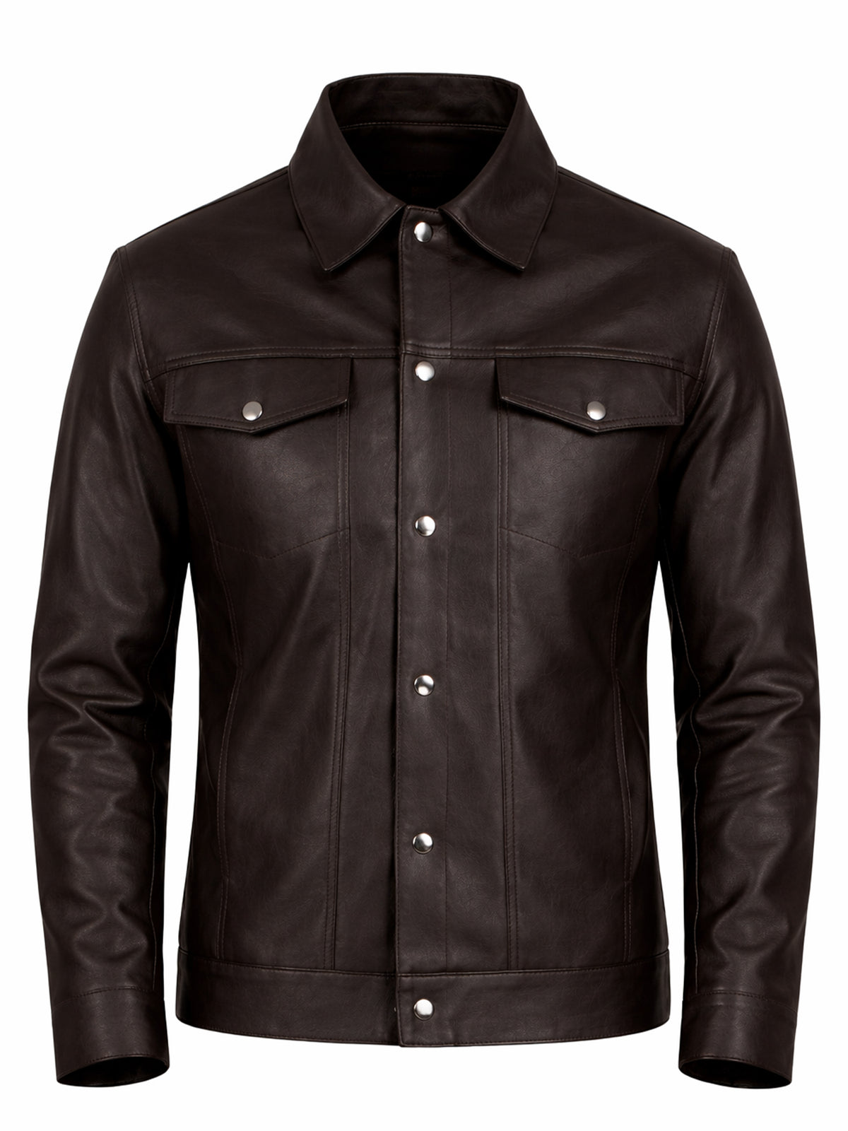 Leather Retail Coffee Faux Leather Jacket for Men's with Snap Button Closure