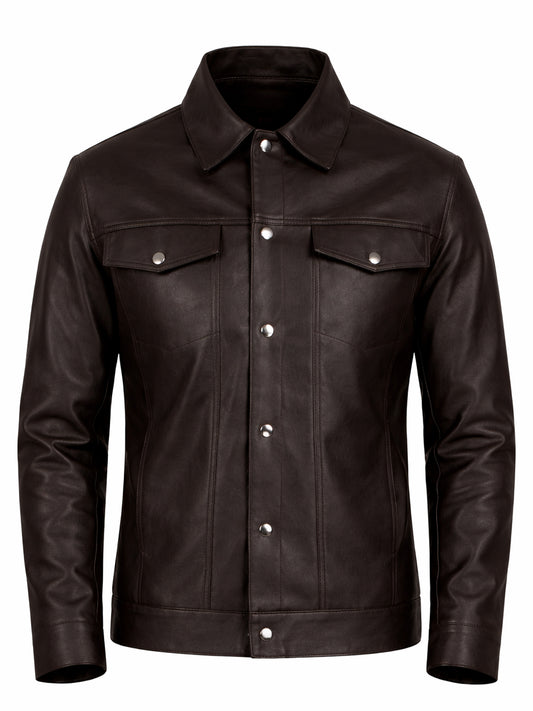 Leather Retail Coffee Faux Leather Jacket for Men's with Snap Button Closure