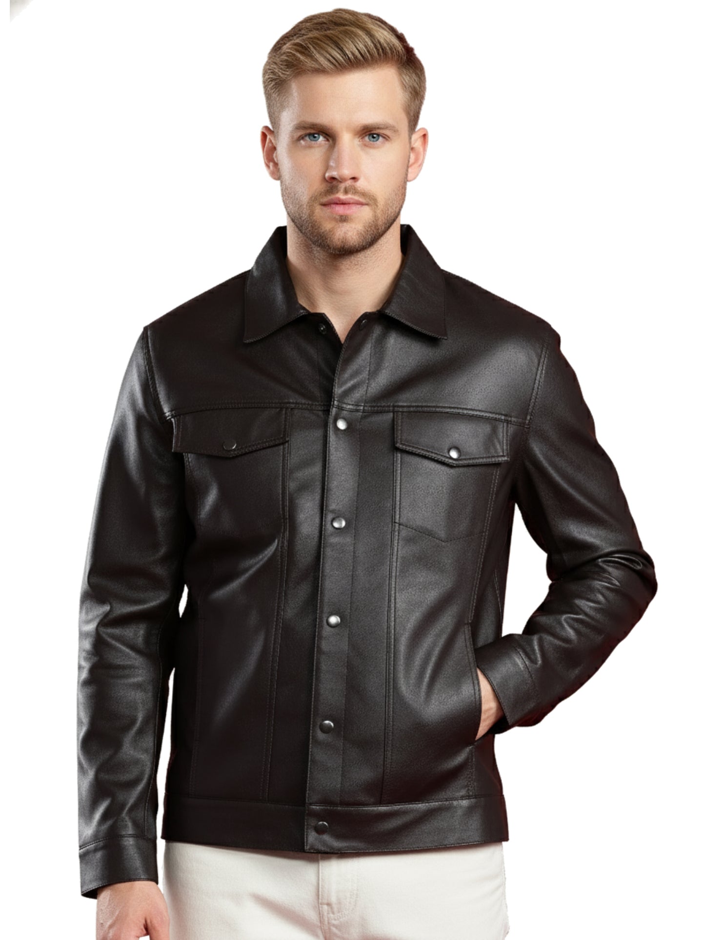 Leather Retail Coffee Faux Leather Jacket for Men's with Snap Button Closure ( LRAIM50CO )