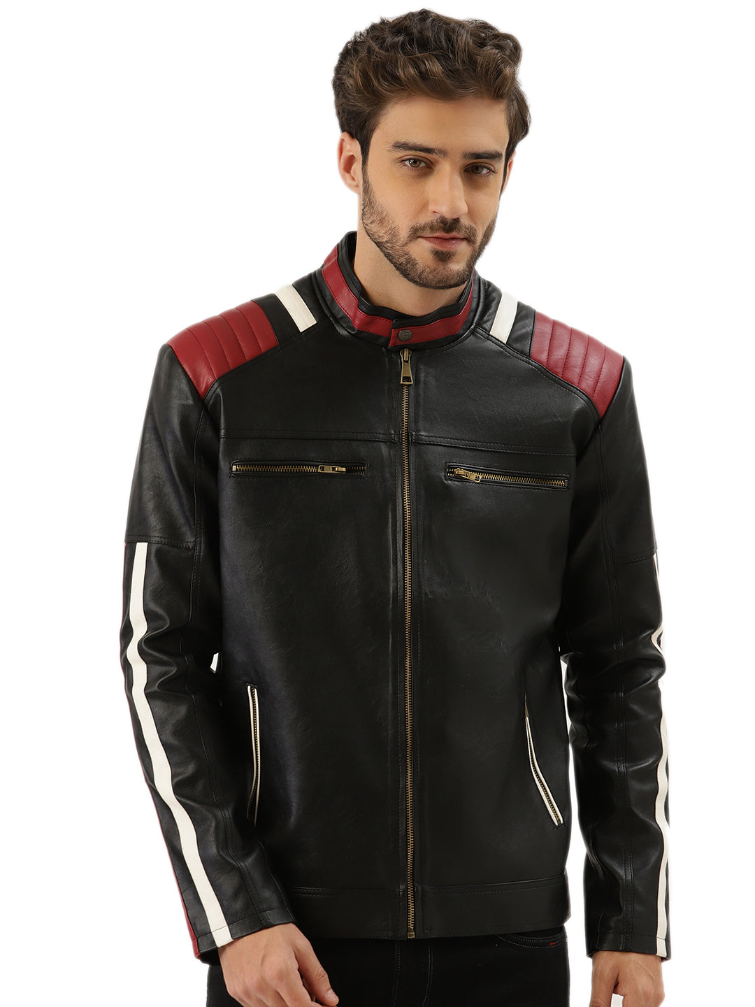 Leather Retail Men's Mixed Padded Solid Biker Jacket ( LRMPBL )