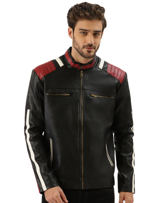 Leather Retail Men's Mixed Padded Solid Biker Jacket(LRMPBL)