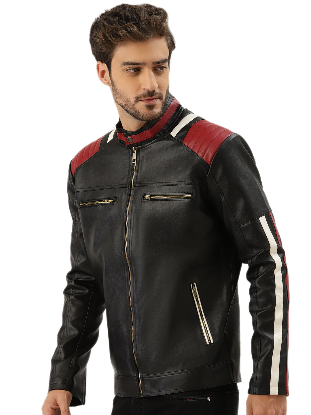 Leather Retail Men's Mixed Padded Solid Biker Jacket ( LRMPBL )