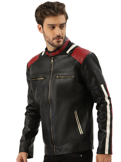 Leather Retail Men's Mixed Padded Solid Biker Jacket ( LRMPBL )