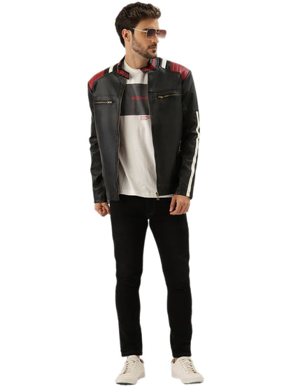 Leather Retail Men's Mixed Padded Solid Biker Jacket ( LRMPBL )