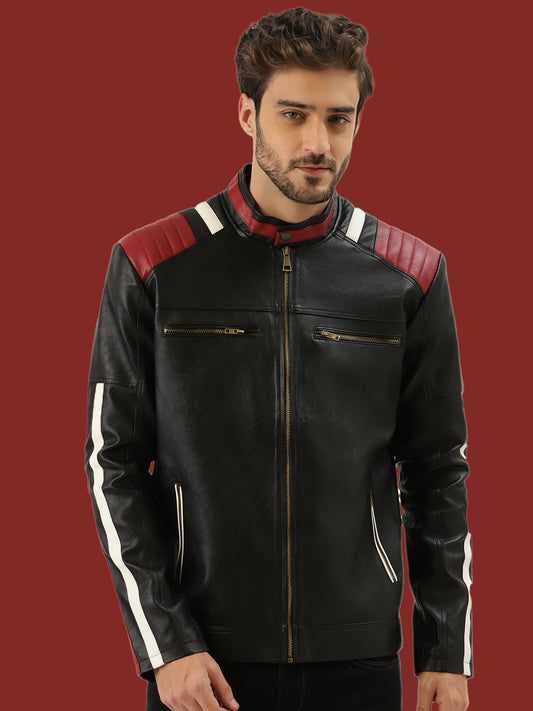 Leather Retail Men's Mixed Padded Solid Biker Jacket(LRMPBL)