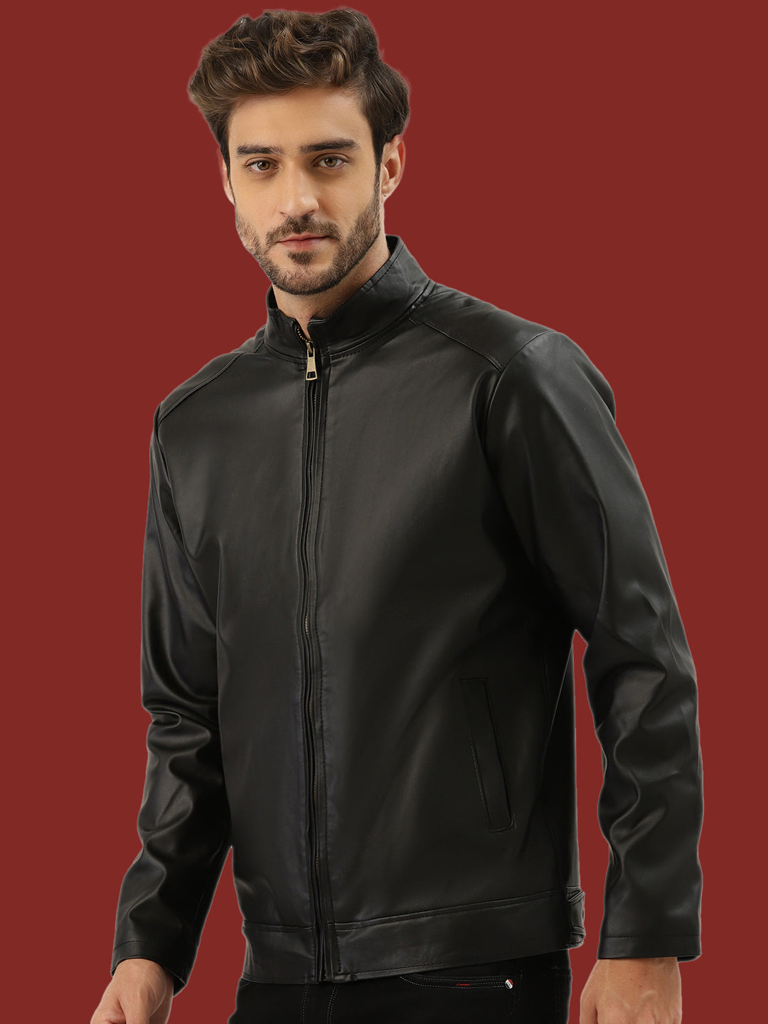 Leather Retail® Black Faux Leather Biker Jacket for Men's (LRPLBL)