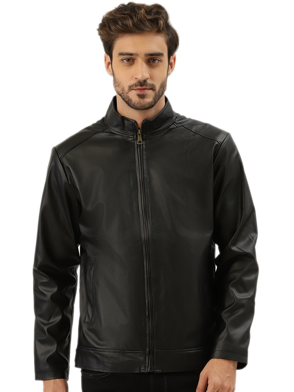 Leather Retail® Black Faux Leather Biker Jacket for Men's ( LRPLBL )