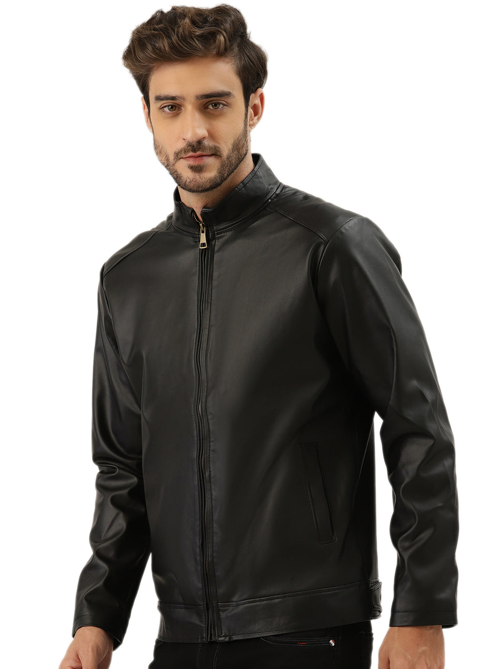 Leather Retail® Black Faux Leather Biker Jacket for Men's ( LRPLBL )
