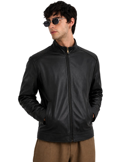 Leather Retail® Black Faux Leather Biker Jacket for Men's