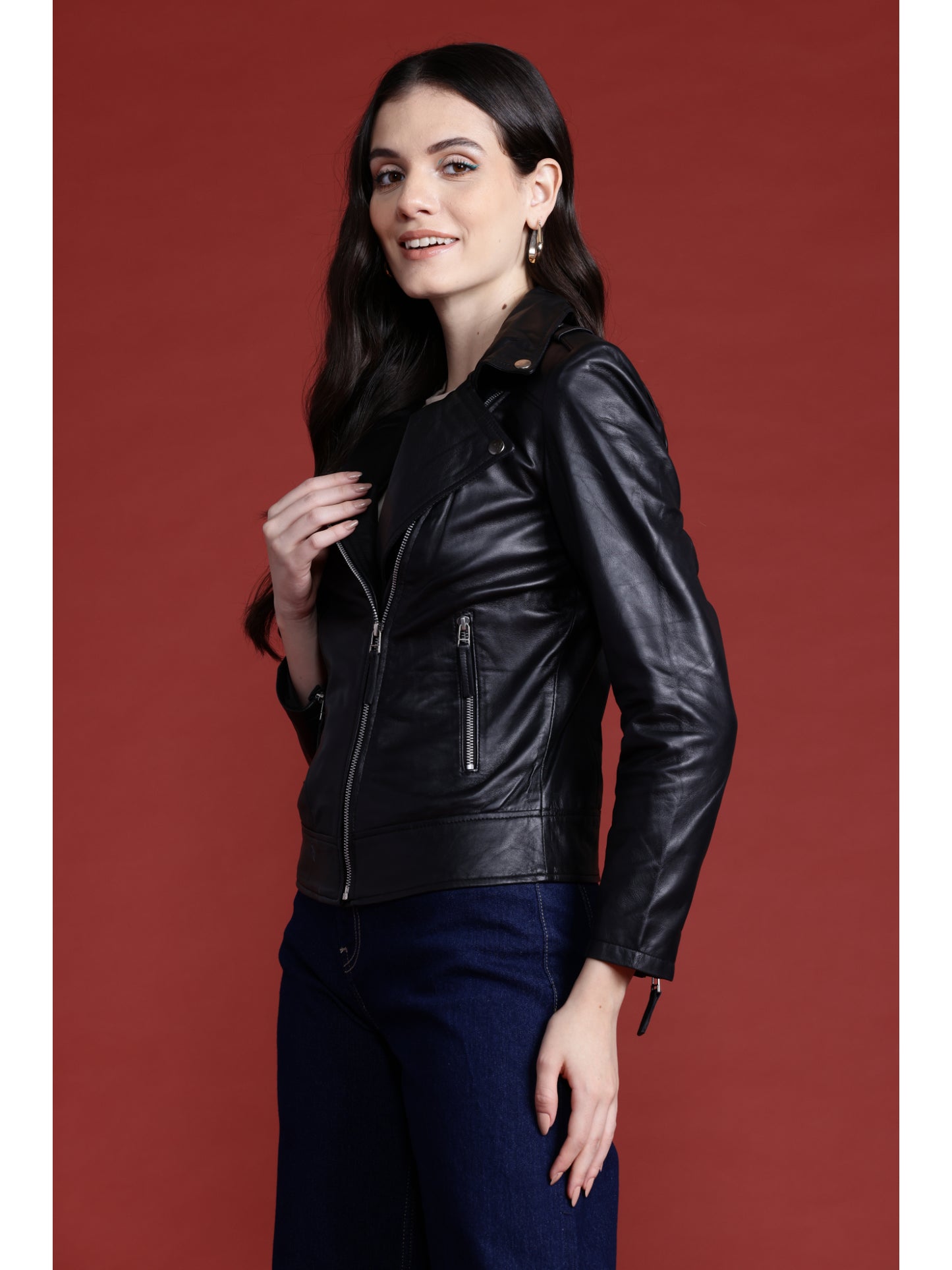 Leather Retail Genuine Leather Biker Jacket For Women's (LRPLF14BL)