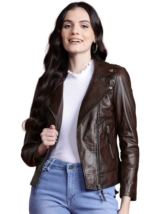 Leather Retail Genuine Leather Biker Jacket For Women's ( LRPLF14CO )