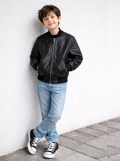Leather Retail Kid's Faux Leather Regular Graphic Printed Jacket