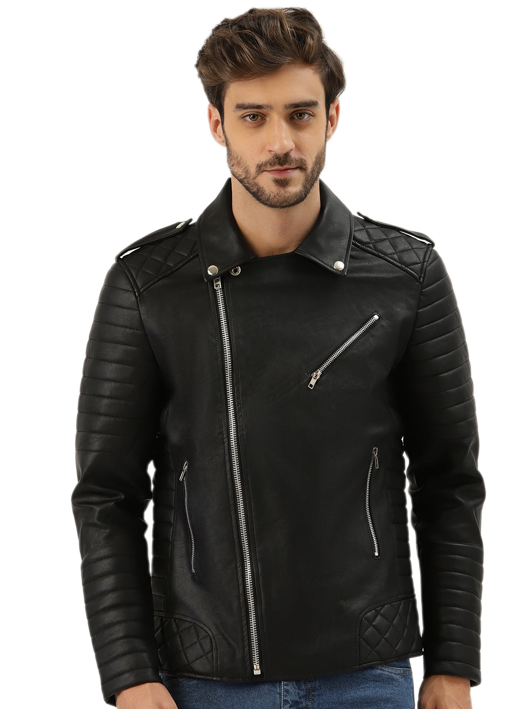 Leather Retail® Men's Solid Biker Jacket( LRRMBL )