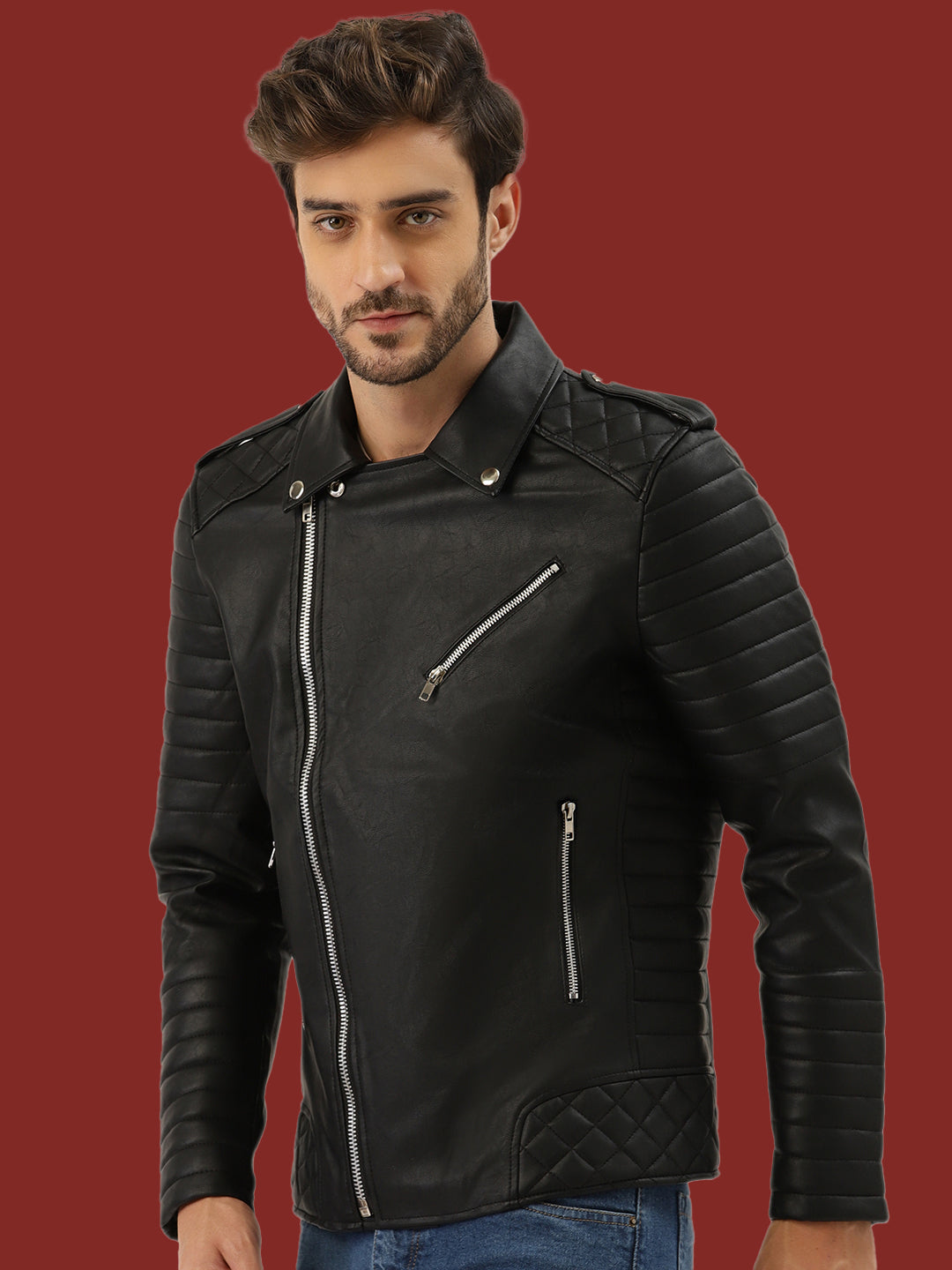 Leather Retail® Men's Solid Biker Jacket(LRRMBL)