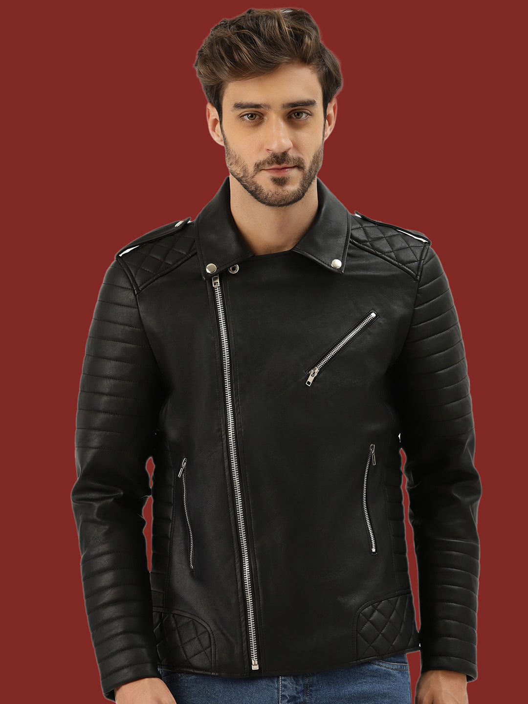 Leather Retail® Men's Solid Biker Jacket(LRRMBL)