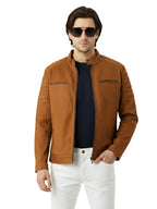 Man wearing a stylish brown suede faux leather jacket with sunglasses.