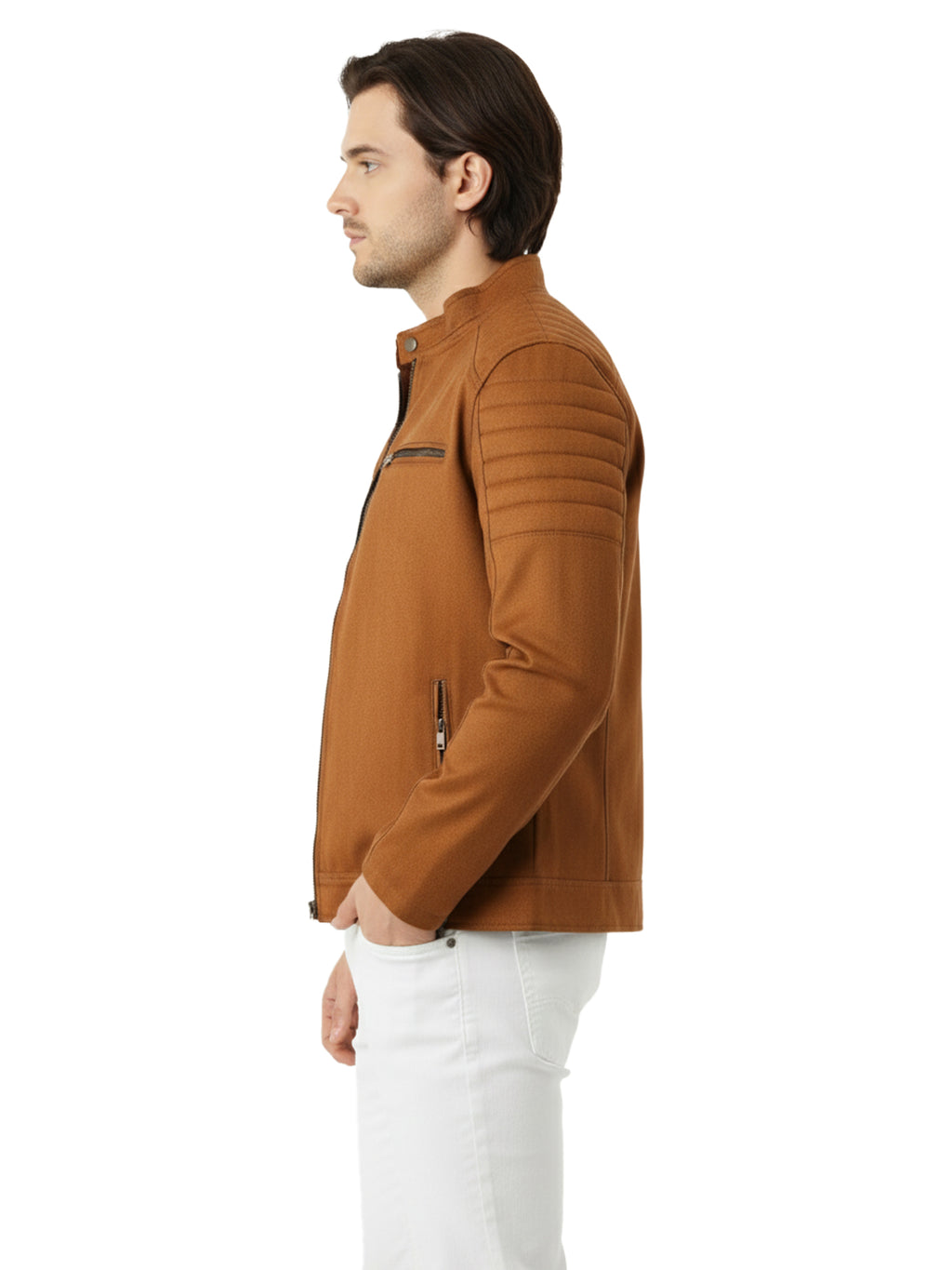 Side view of a man wearing a brown suede faux leather jacket, showcasing its stylish design and zipper detail.
