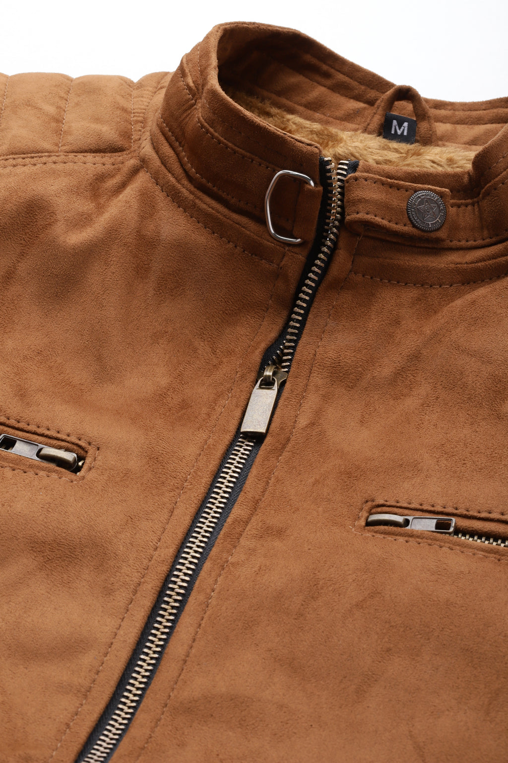 Close-up of the Leather Retail Men's Suede Faux Leather Jacket showcasing zipper details and brown suede texture.