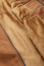 Close-up of the soft interior lining of a stylish men's jacket made of faux suede material.