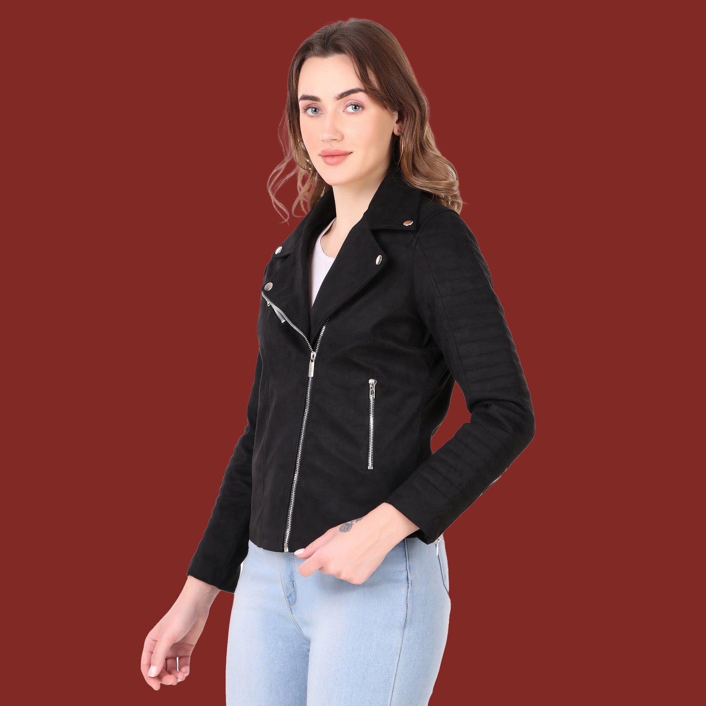 Leather Retail Women's Suede Faux Leather Jacket(LRSUDFRBL)