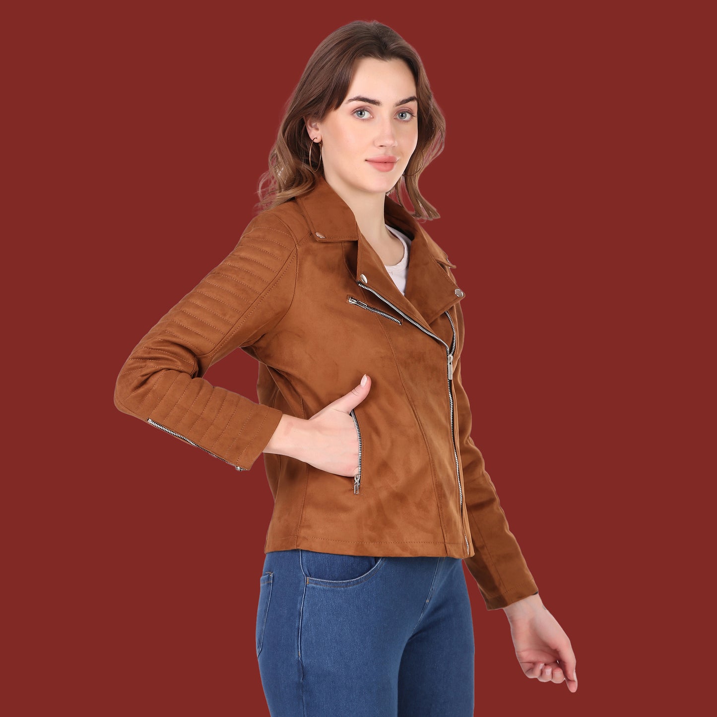 Leather Retail Women's Suede Faux Leather Jacket(LRSUDFRBR)