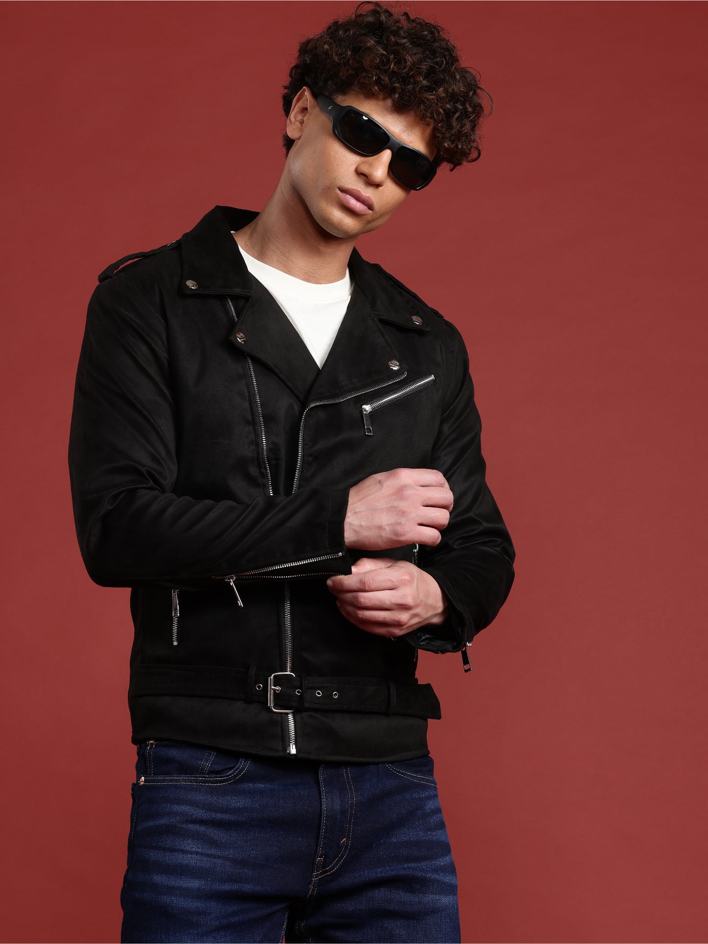 Leather Retail Mens Black Suede Leather Biker Jacket (LRSUDM11BL)