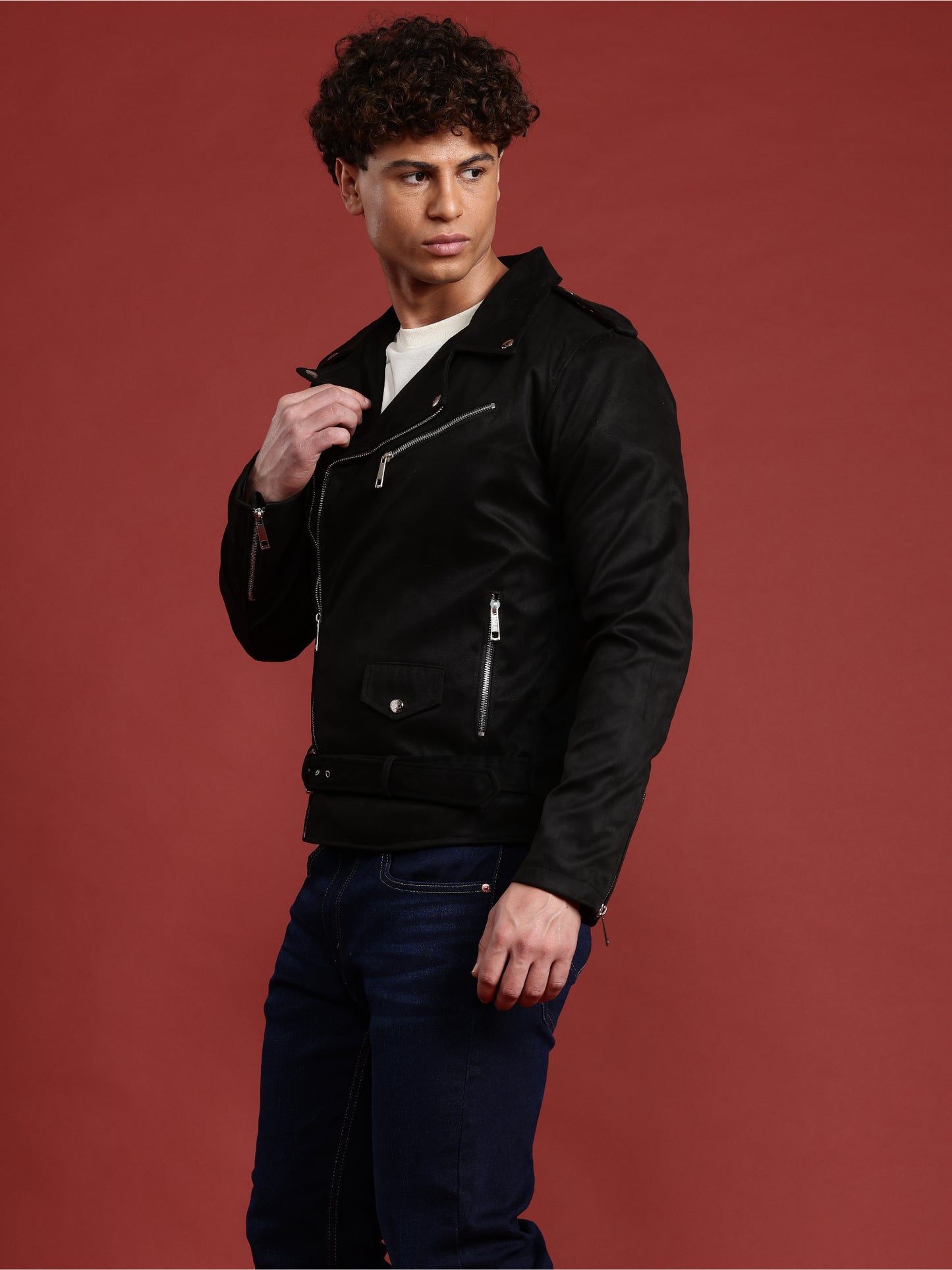 Leather Retail Mens Black Suede Leather Biker Jacket (LRSUDM11BL)