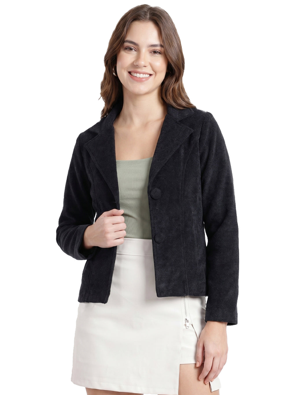 Leather Retail Women Full Sleeve Velvet Two Button Black Jacket ( LRVEL2BBL )