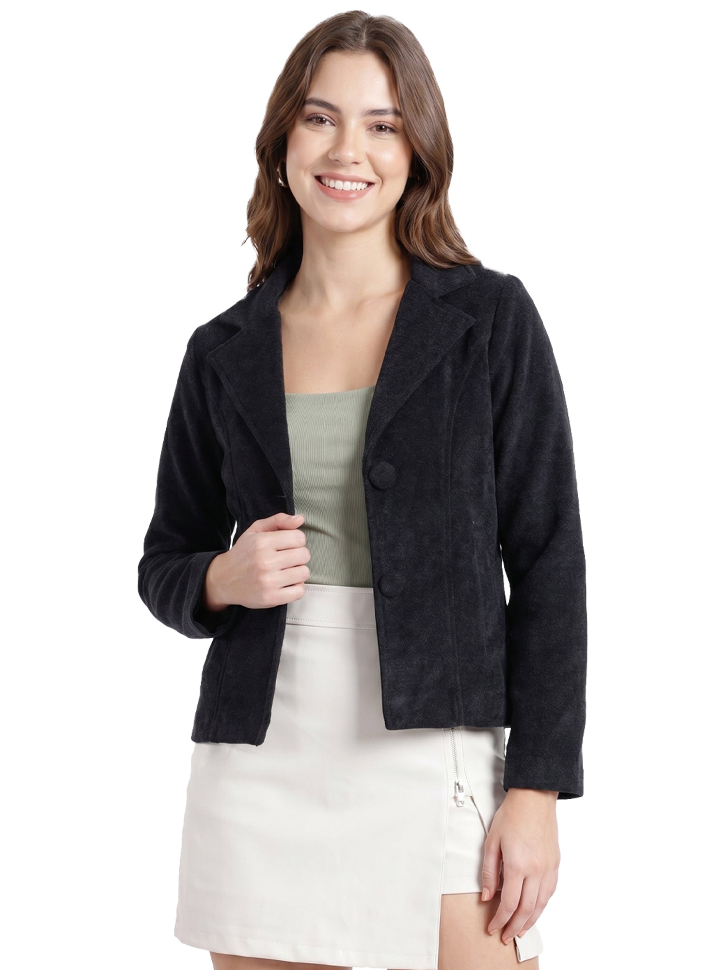 Leather Retail Women Full Sleeve Velvet Two Button Black Jacket ( LRVEL2BBL )