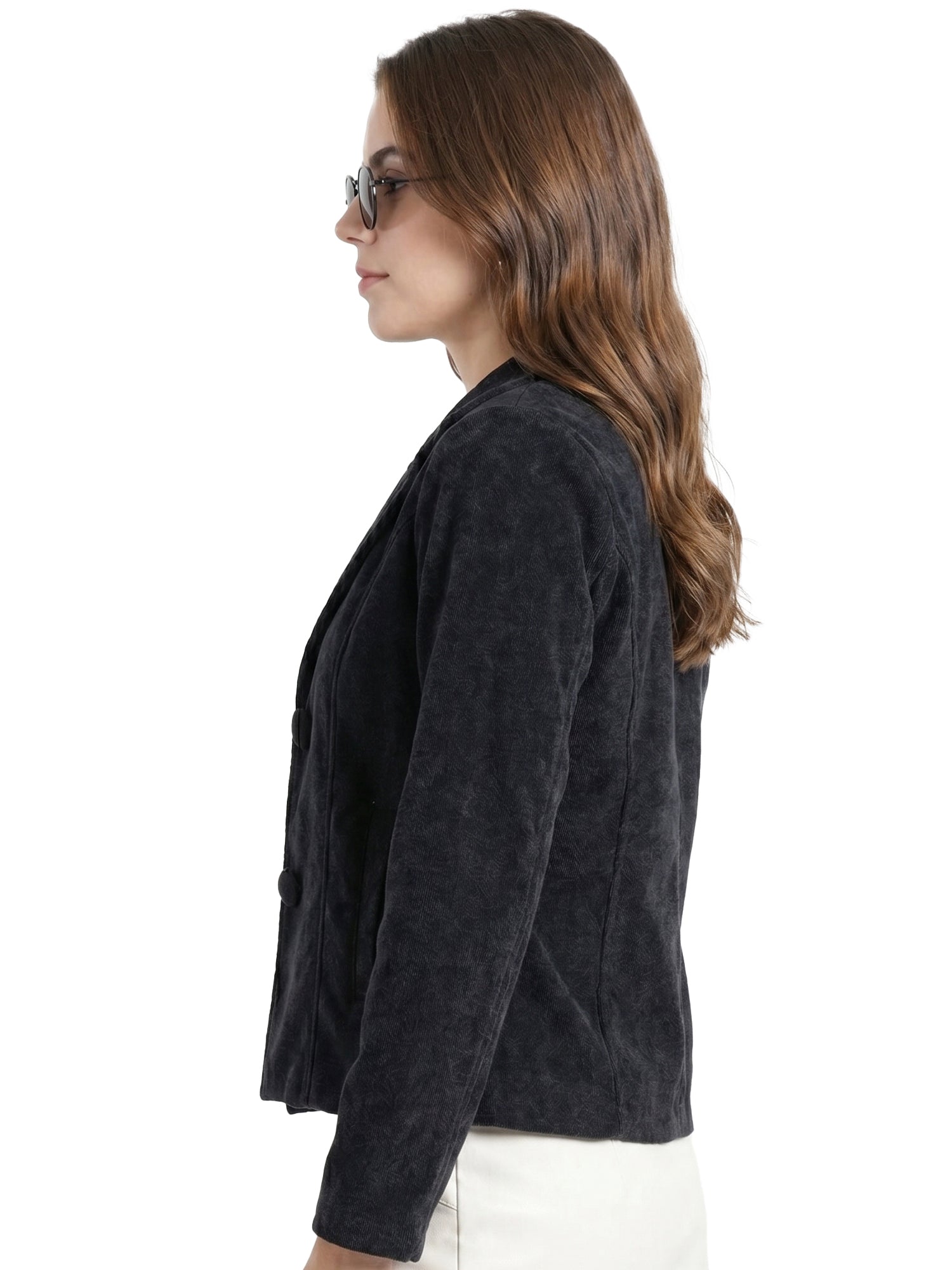 Leather Retail Women Full Sleeve Velvet Two Button Black Jacket ( LRVEL2BBL )
