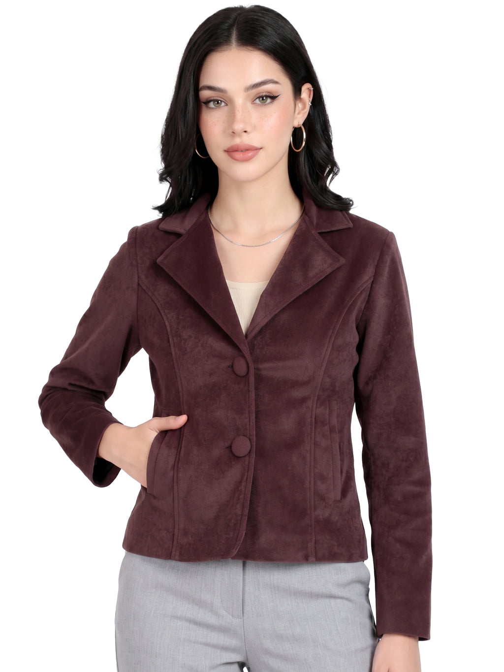 Leather Retail Women Full Sleeve Velvet Two Button Coffee Jacket ( LRVEL2BCO )