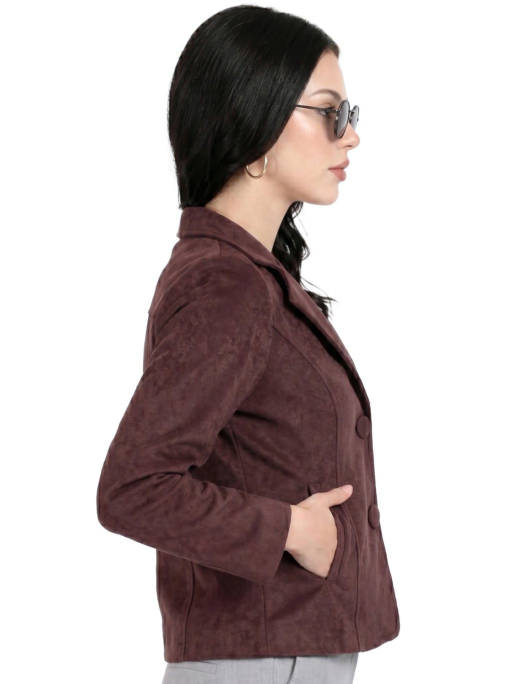 Leather Retail Women Full Sleeve Velvet Two Button Coffee Jacket ( LRVEL2BCO )