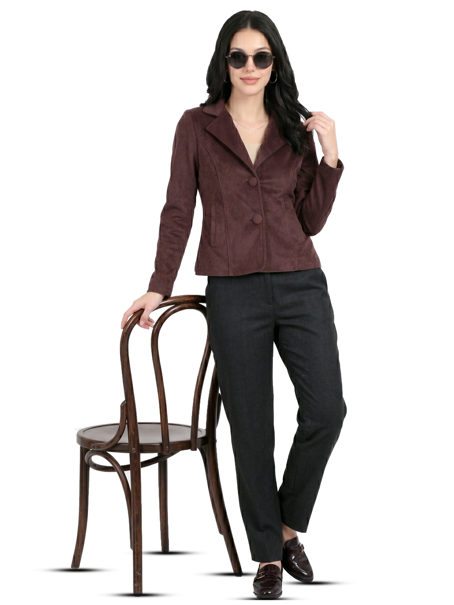 Leather Retail Women Full Sleeve Velvet Two Button Coffee Jacket ( LRVEL2BCO )