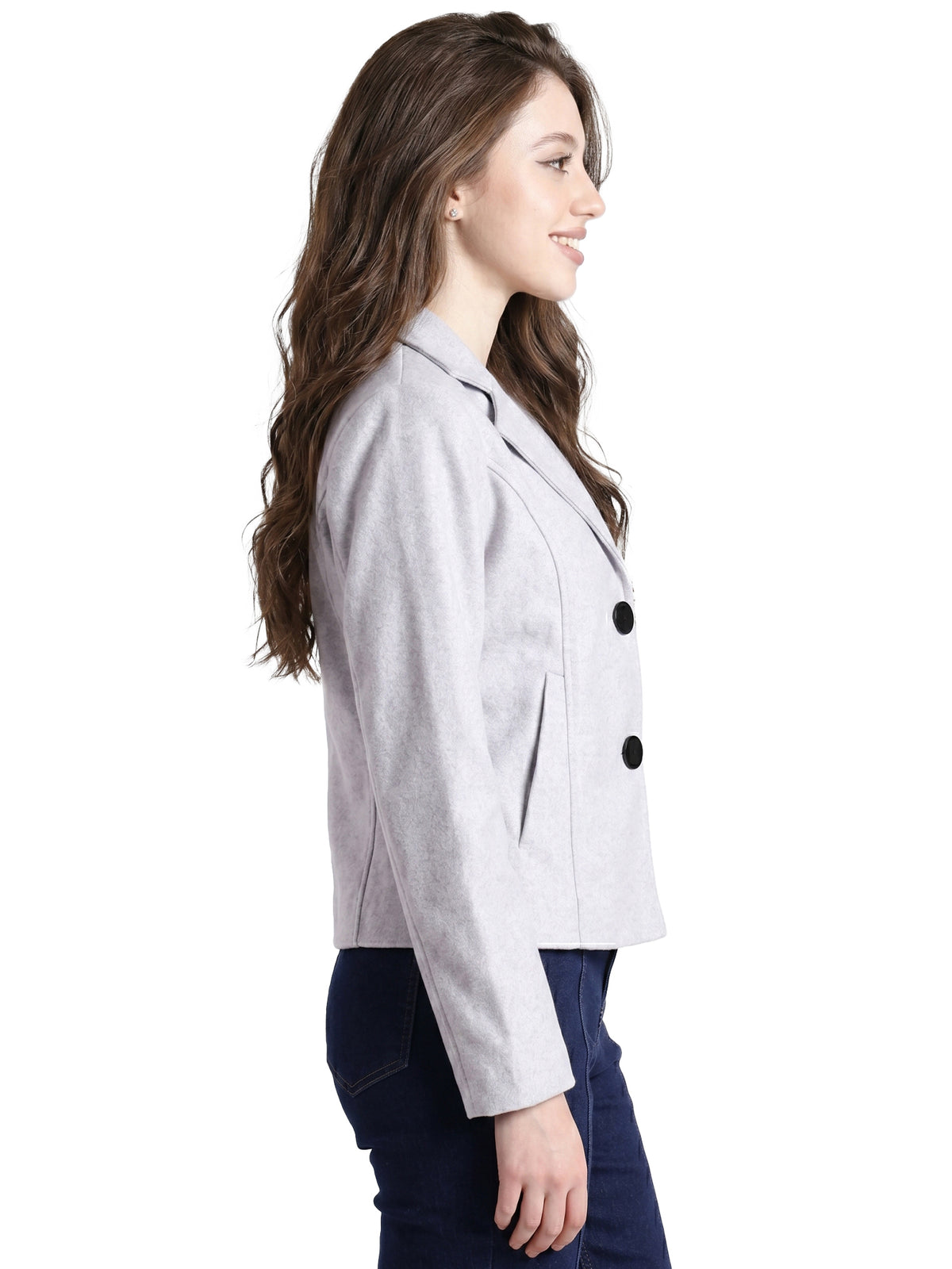 Leather Retail Women Full Sleeve Velvet Two Button Grey Jacket