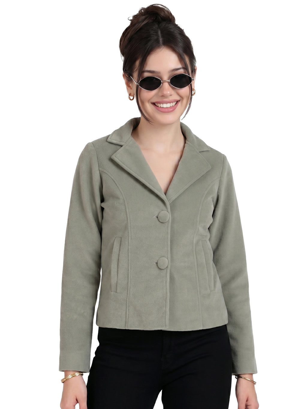 Leather Retail Women Full Sleeve Velvet Two Button Green Jacket ( LRVEL2BGR )