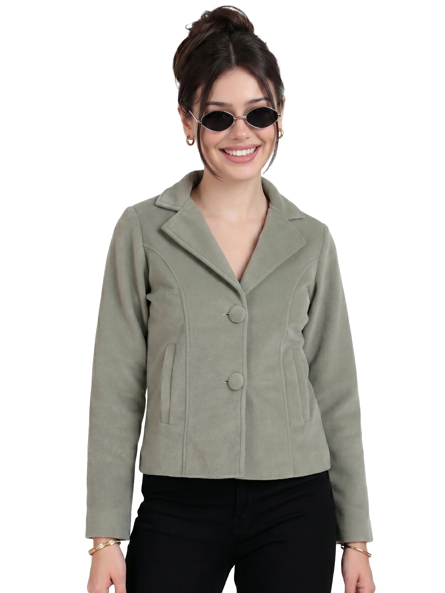 Leather Retail Women Full Sleeve Velvet Two Button Green Jacket ( LRVEL2BGR )