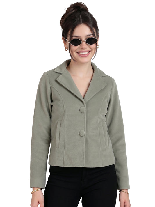 Leather Retail Women Full Sleeve Velvet Two Button Green Jacket