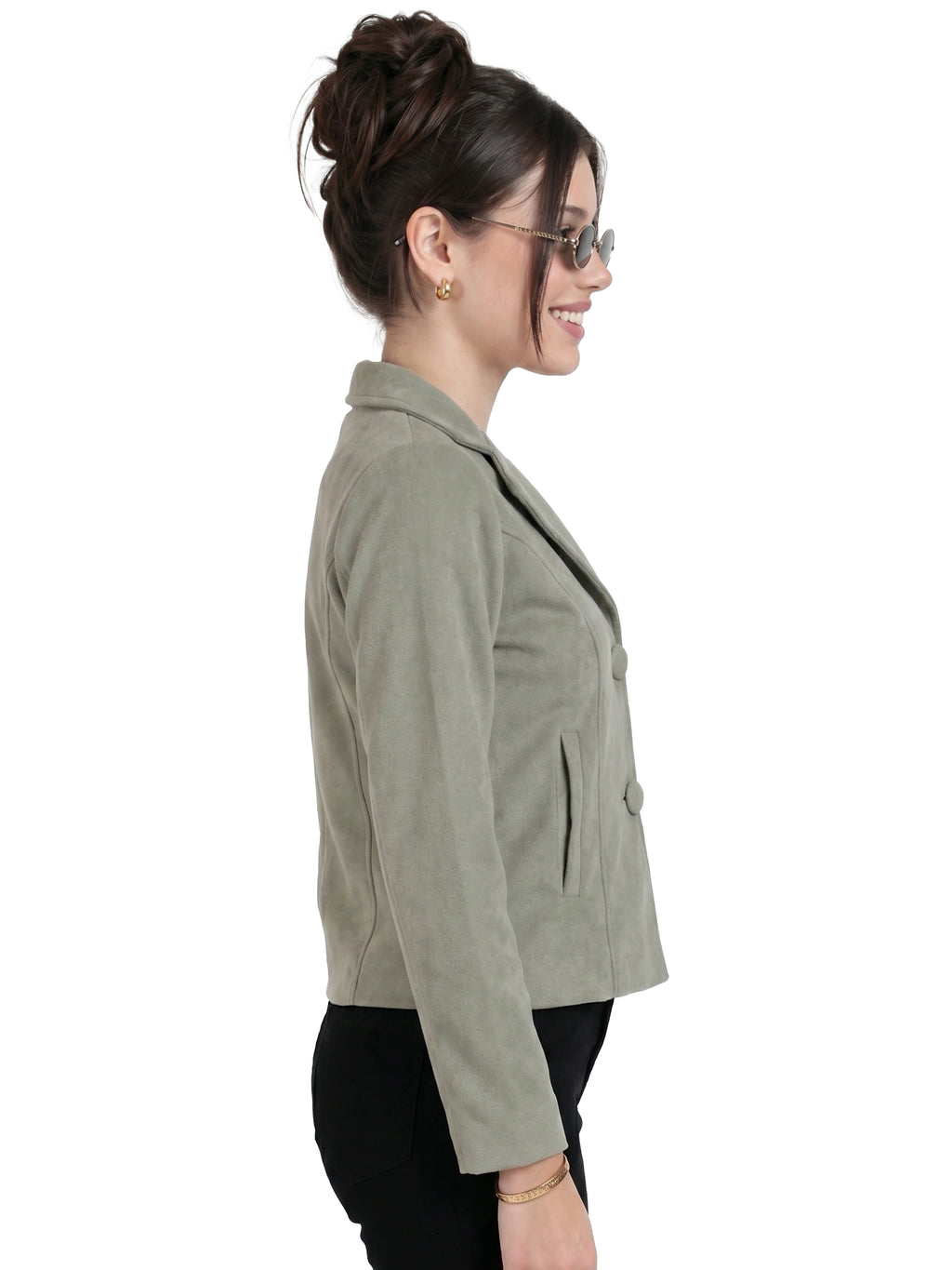Leather Retail Women Full Sleeve Velvet Two Button Green Jacket ( LRVEL2BGR )