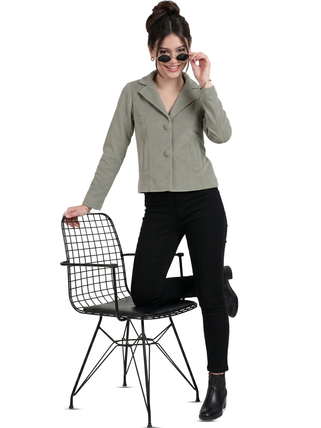 Leather Retail Women Full Sleeve Velvet Two Button Green Jacket ( LRVEL2BGR )