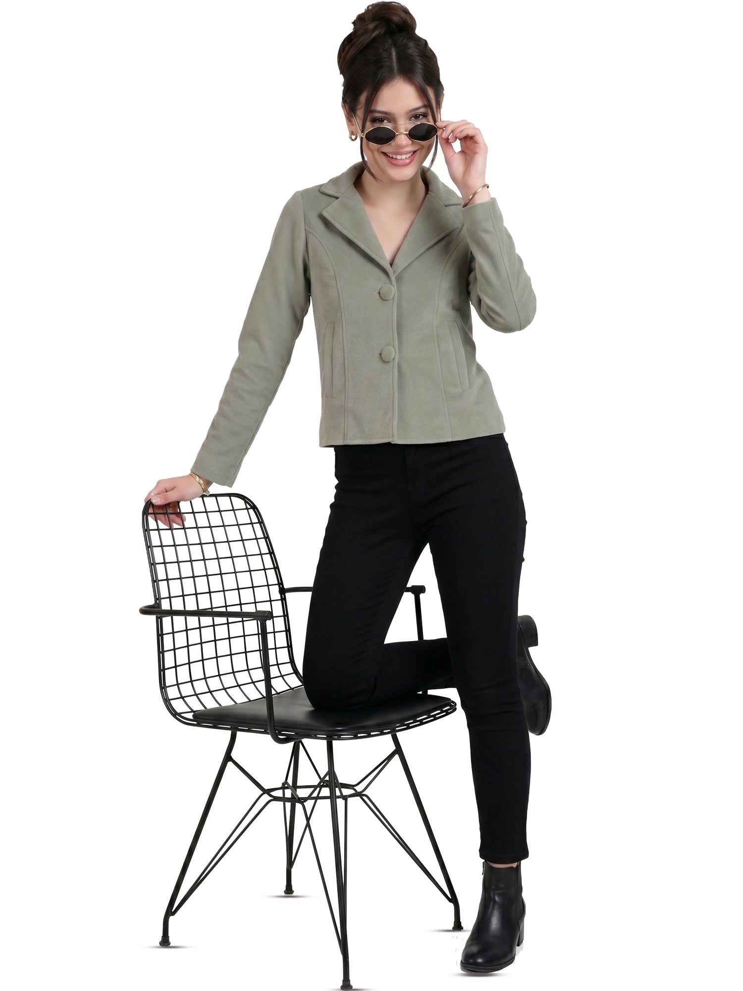 Leather Retail Women Full Sleeve Velvet Two Button Green Jacket ( LRVEL2BGR )