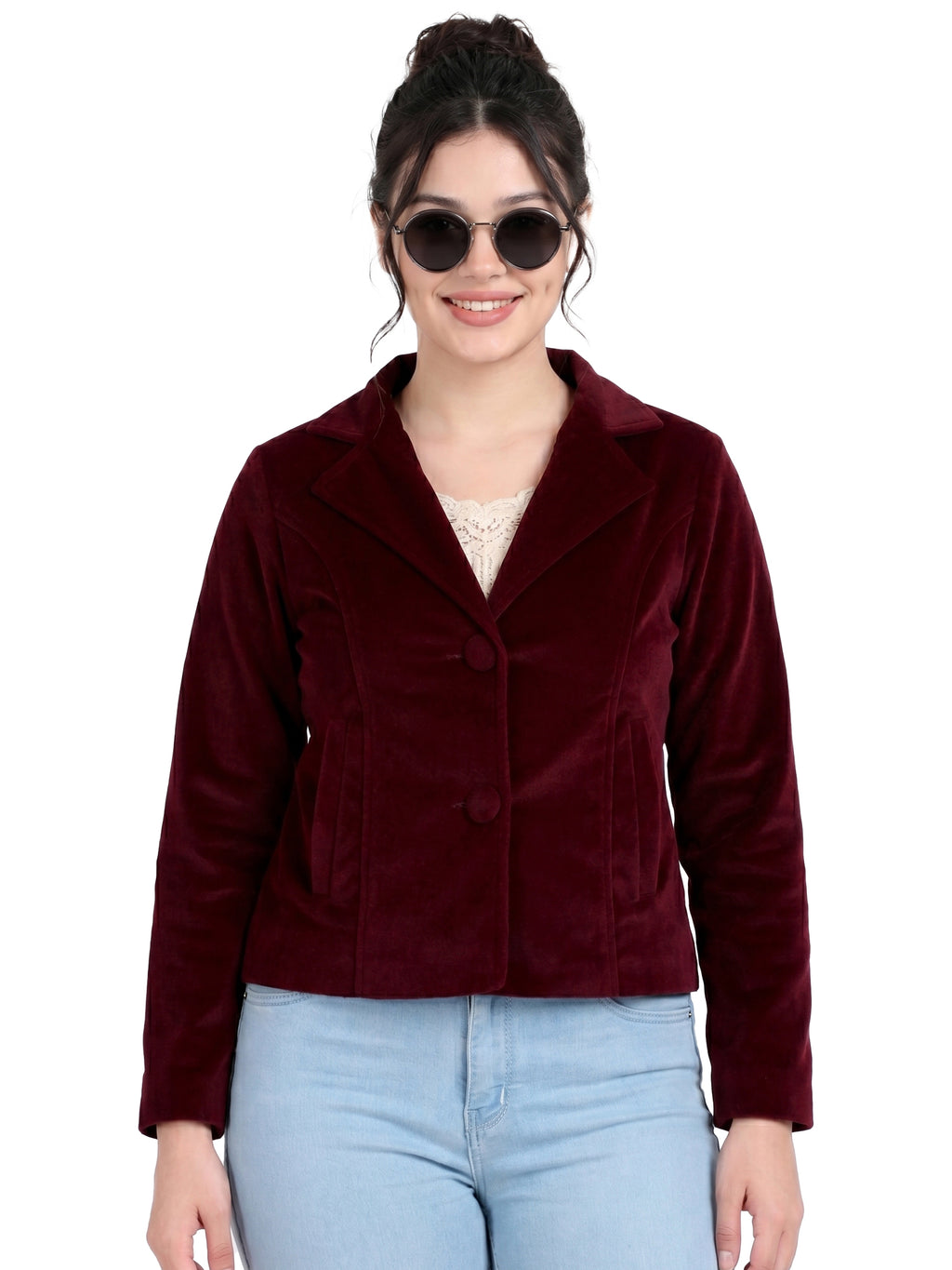 Leather Retail Women Full Sleeve Velvet Two Button Mahroon Jacket ( LRVEL2BMH )
