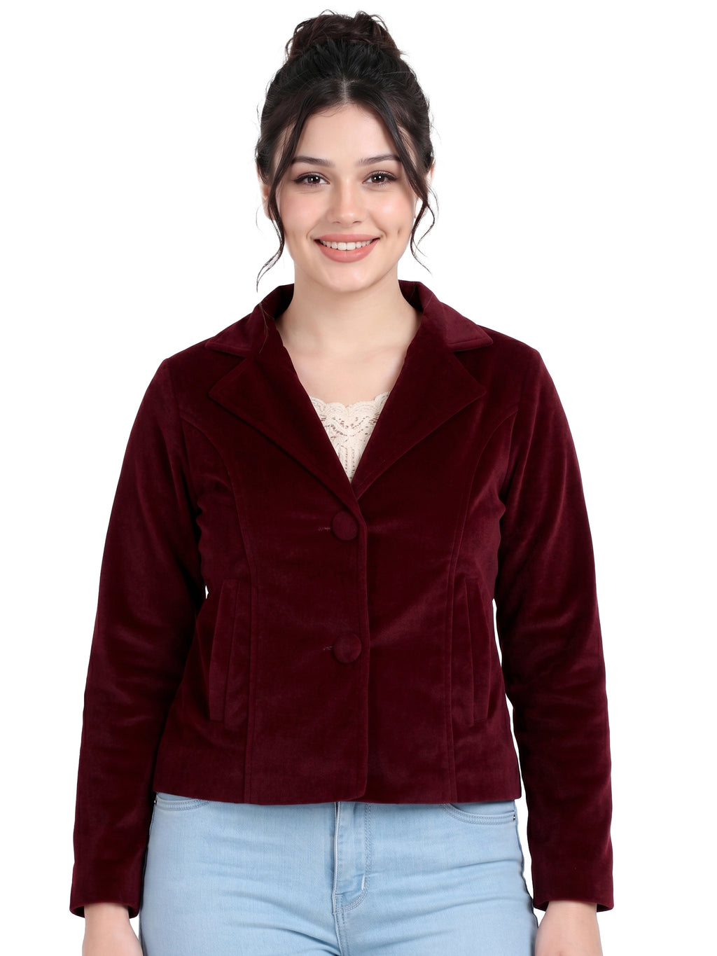 Leather Retail Women Full Sleeve Velvet Two Button Mahroon Jacket ( LRVEL2BMH )
