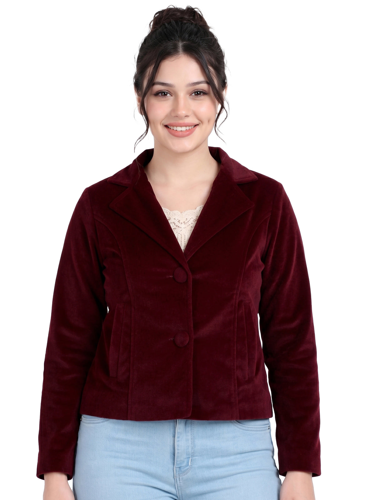 Leather Retail Women Full Sleeve Velvet Two Button Mahroon Jacket